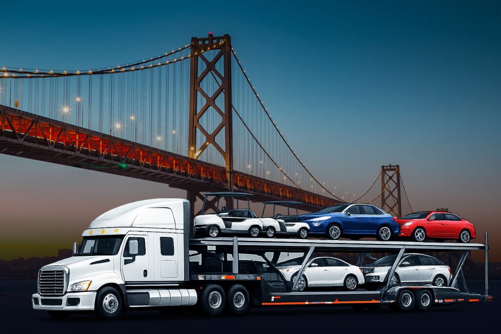 Car shipping carrier loaded with sedans, golf carts, and SUVs being transported to California.
