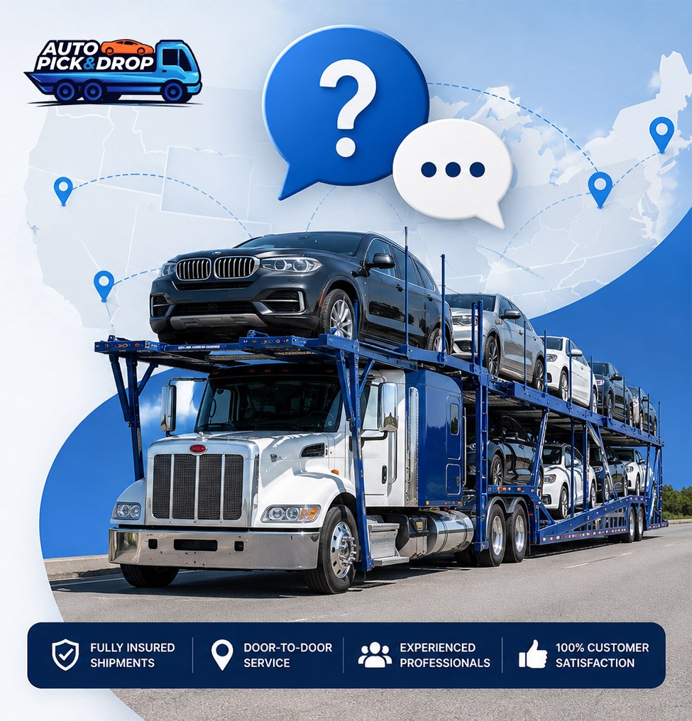 Car shipping FAQ section featuring a vehicle transport truck loaded with cars and common questions about auto transport services in the USA.