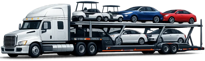 Home Open car carrier truck transporting vehicles, including sedans, golf carts and SUVs