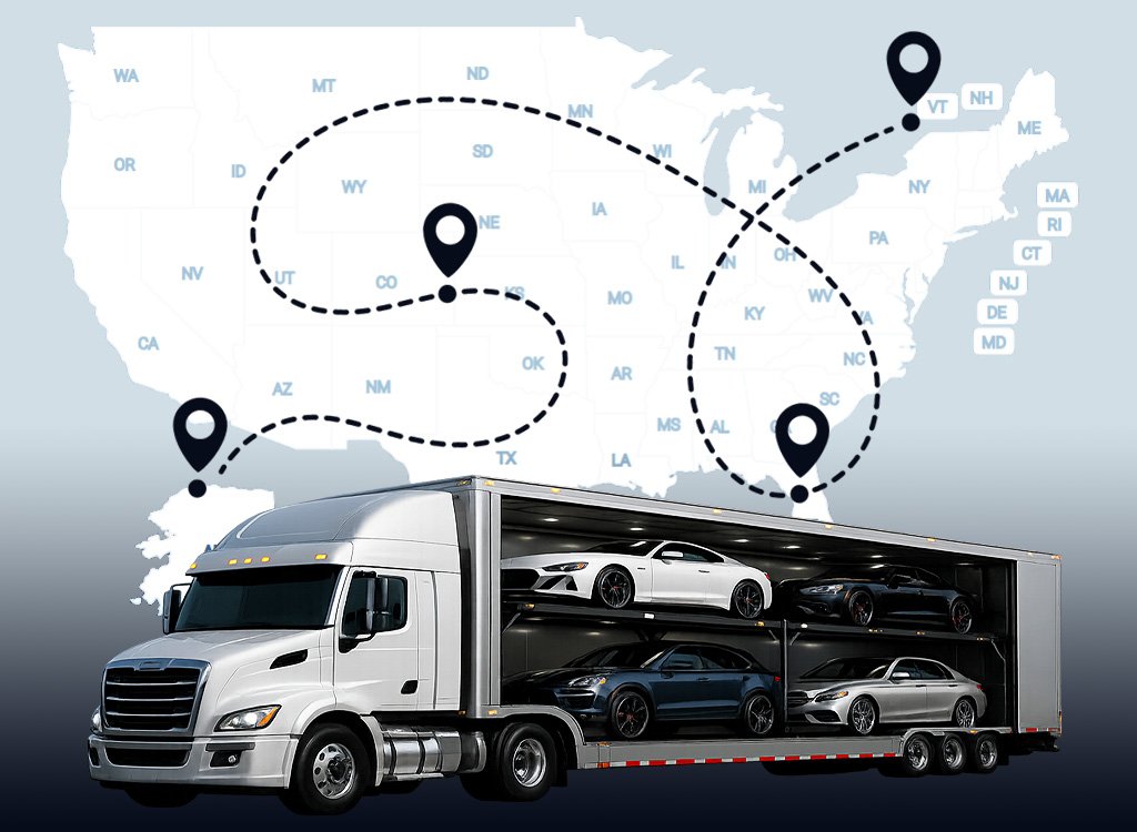 Enclosed car transport carrier shipping luxury vehicles across the USA