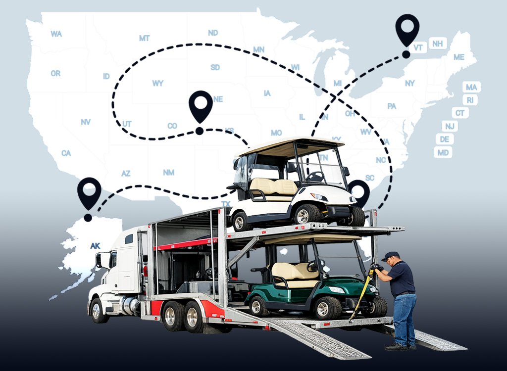 Professional golf cart transportation truck hauling multiple golf carts for nationwide shipping services