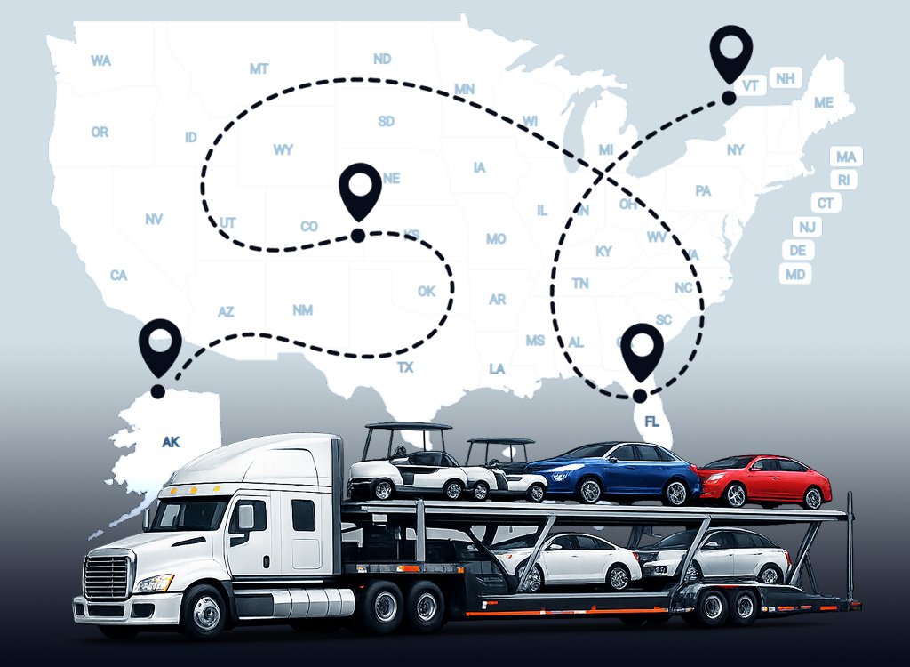Open car transport carrier loaded with vehicles for nationwide auto shipping services