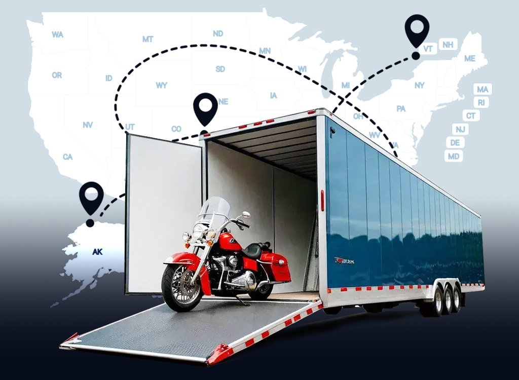 Enclosed motorcycle shipping USA service with a motorcycle loaded into a secure transport trailer for nationwide delivery.